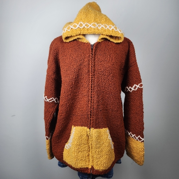 Hand Knit Chunky Hooded Wool Zip Jacket Size L Cozycore Brown Yellow Cozy Knit - Picture 3 of 12